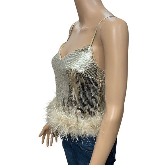 Lulus Perfectly Glowing Sequin Feather Tank Top XS Cropped Holiday Concert - Picture 4 of 11
